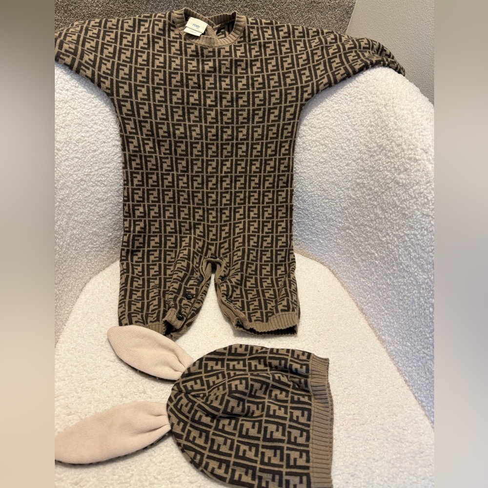 Fendi Brown Logo Baby Outfit with Hat